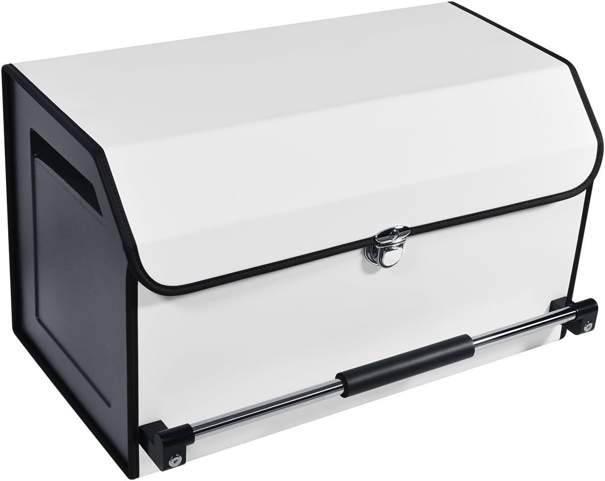 Car Trunk Organizer, Leather Collapsible Trunk Organizer for suv with Lid and Push-pull Handle Car Trunk Storage Organizer for Cars, SUV, Minivan, Truck, Sedan (White)