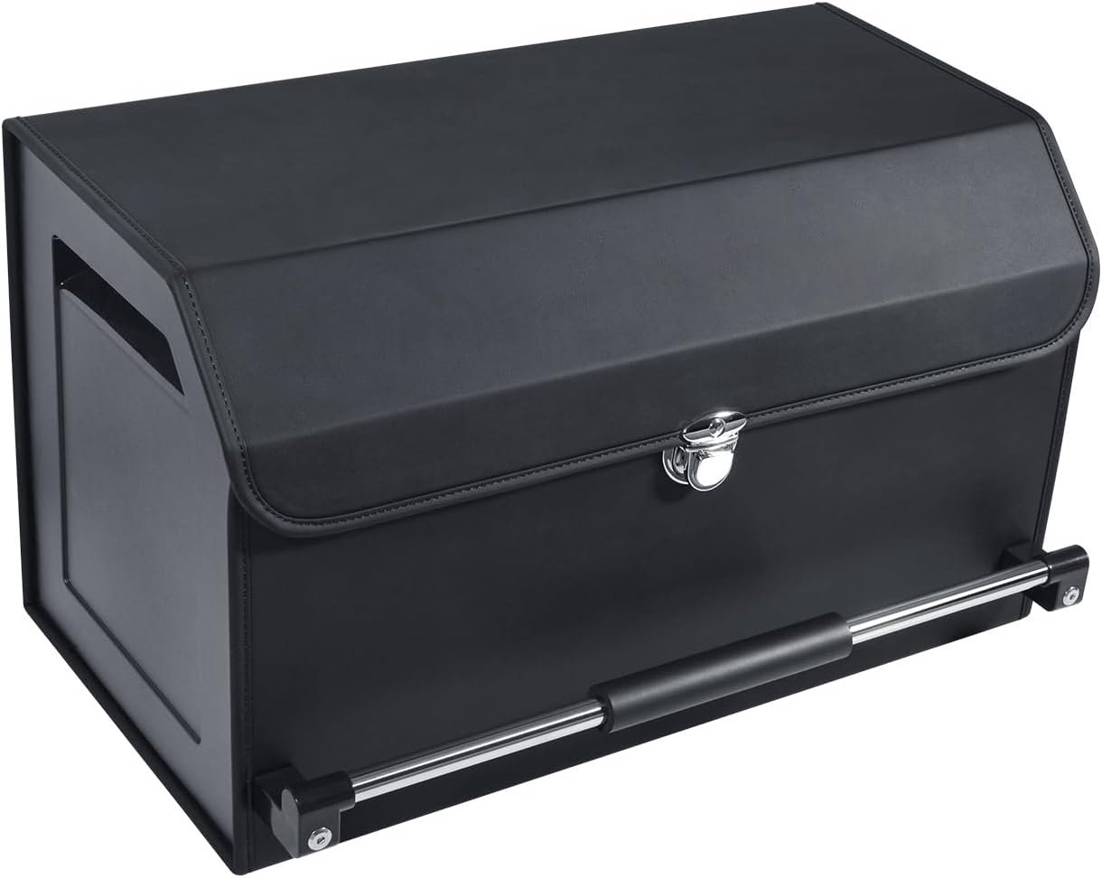 Car Trunk Organizer, Push-pull Handle, Leather Collapsible 2 Compartments Car Organizers with Lid, Car Trunk Storage Organizer, Suitable for All Kinds of Cars, SUV, Minivan (Large, Black)