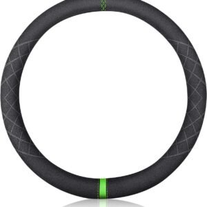 Sport Microfiber Suede Velvet Car Steering Wheel Cover Non-Slip Car Steering Wheel Protector Winter Warm Universal for Diameter 38cm(15") (Black Green)