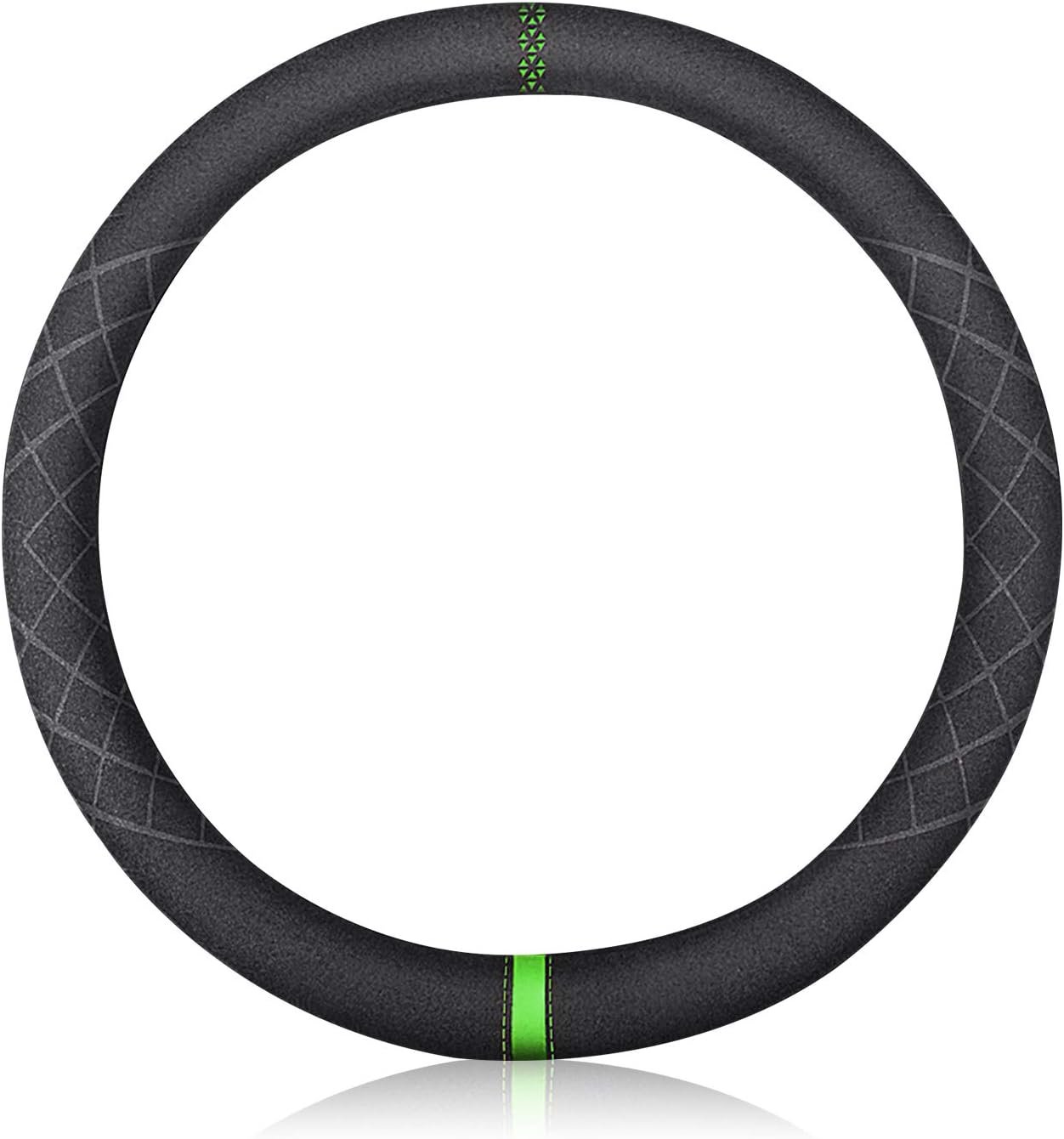 Sport Microfiber Suede Velvet Car Steering Wheel Cover Non-Slip Car Steering Wheel Protector Winter Warm Universal for Diameter 38cm(15") (Black Green)