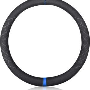Sport Microfiber Suede Velvet Car Steering Wheel Cover Non-Slip Car Steering Wheel Protector Winter Warm Universal for Diameter 38cm(15") (Black Blue)