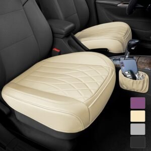 2 Pack Leather Front Car Seat Cover Bottom Car Seat, Universal Anti-Slip Driver Car Seat Protectors with Storage Pocket, Waterproof Bottom Auto Seat Cushion Pad Mat for Most Vehicles(Beige)