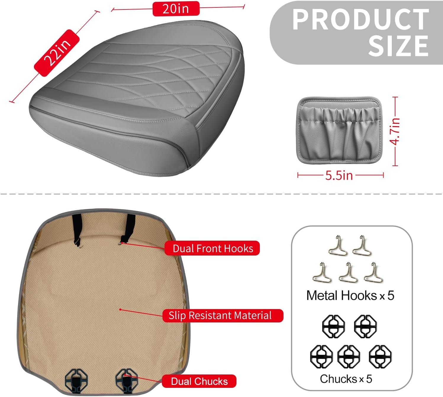 2 Pack Leather Front Car Seat Cover Bottom Car Seat, Universal Anti-Slip Driver Car Seat Protectors with Storage Pocket, Waterproof Bottom Auto Seat Cushion Pad Mat for Most Vehicles(Gray) - Image 2