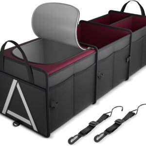 Sturdy Car Trunk Organizer with Premium Insulation Cooler Bag, Heavy Duty Collapsible Trunk Storage Organizer for Car, SUV, Truck, or Van (3 Compartments, Red)