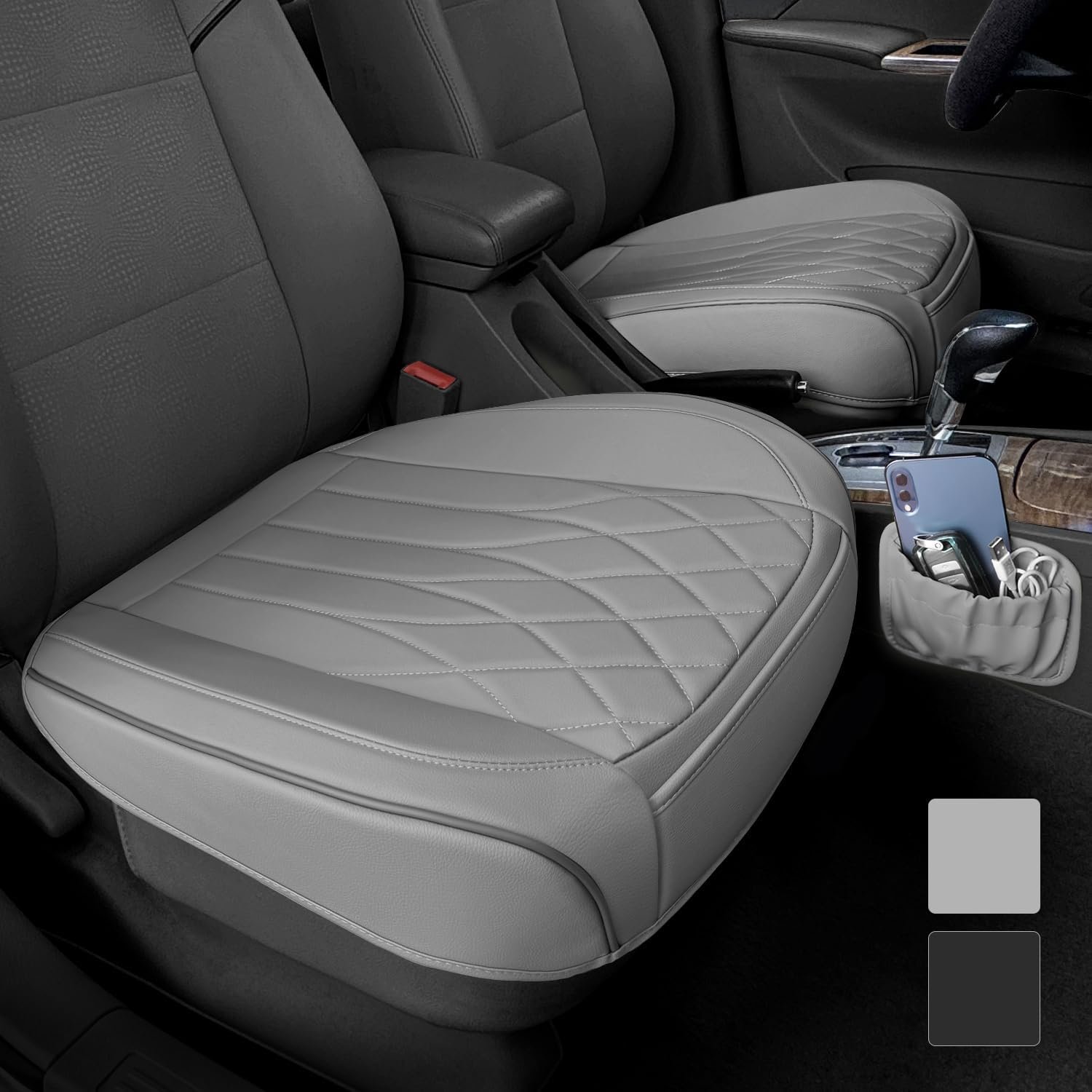 2 Pack Leather Front Car Seat Cover Bottom Car Seat, Universal Anti-Slip Driver Car Seat Protectors with Storage Pocket, Waterproof Bottom Auto Seat Cushion Pad Mat for Most Vehicles(Gray)