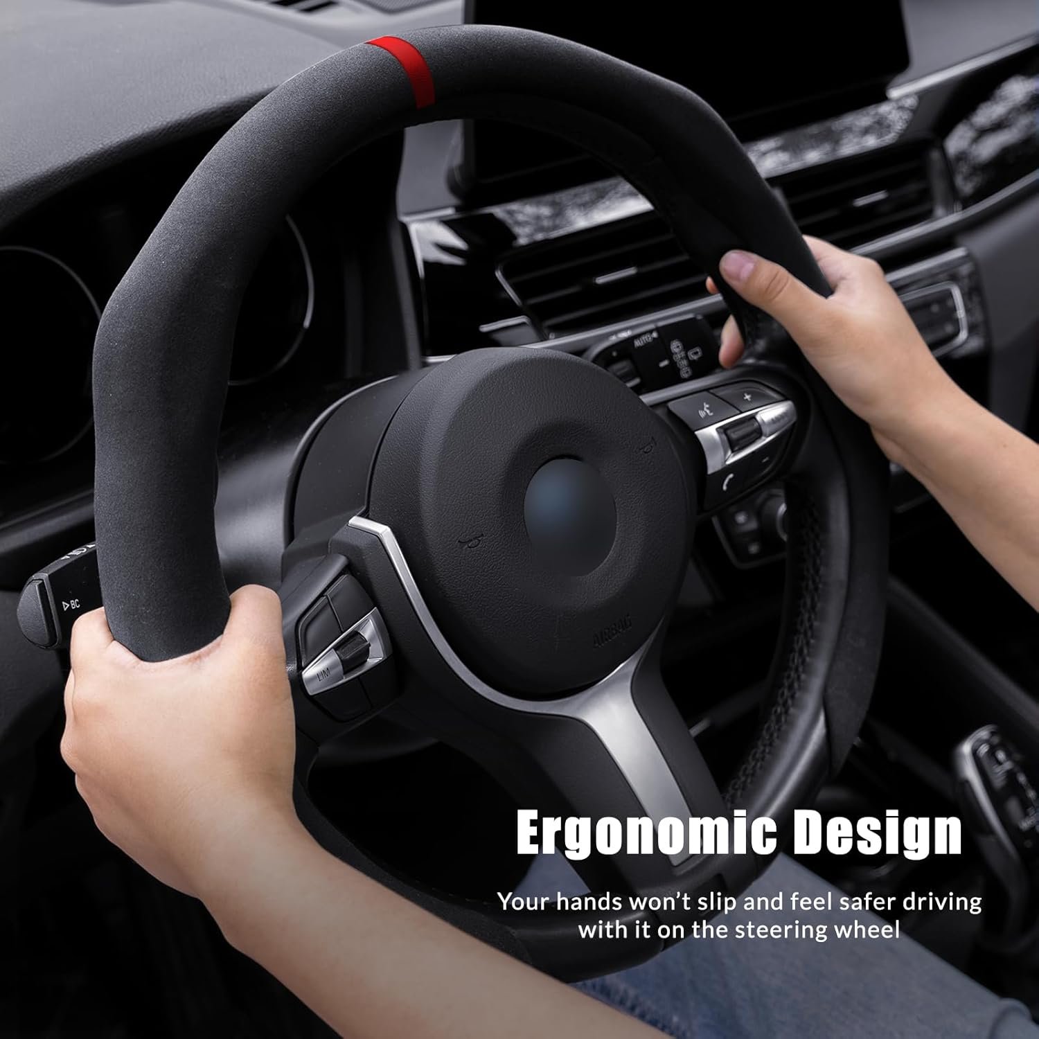 Car Steering Wheel Cover Suede Wrap 14.5-15 inch Steering Wheel Grip Snap On Non Slip Sport Car Interior Accessories Decoration Universal Black - Image 2