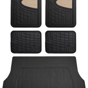 Tall Channel Trimmable All Weather Rubber Full Set Car Floor Mats (Beige) w. Trimmable All-Season Cargo Liner (Black) - Universal Fit for Cars Trucks and SUVs