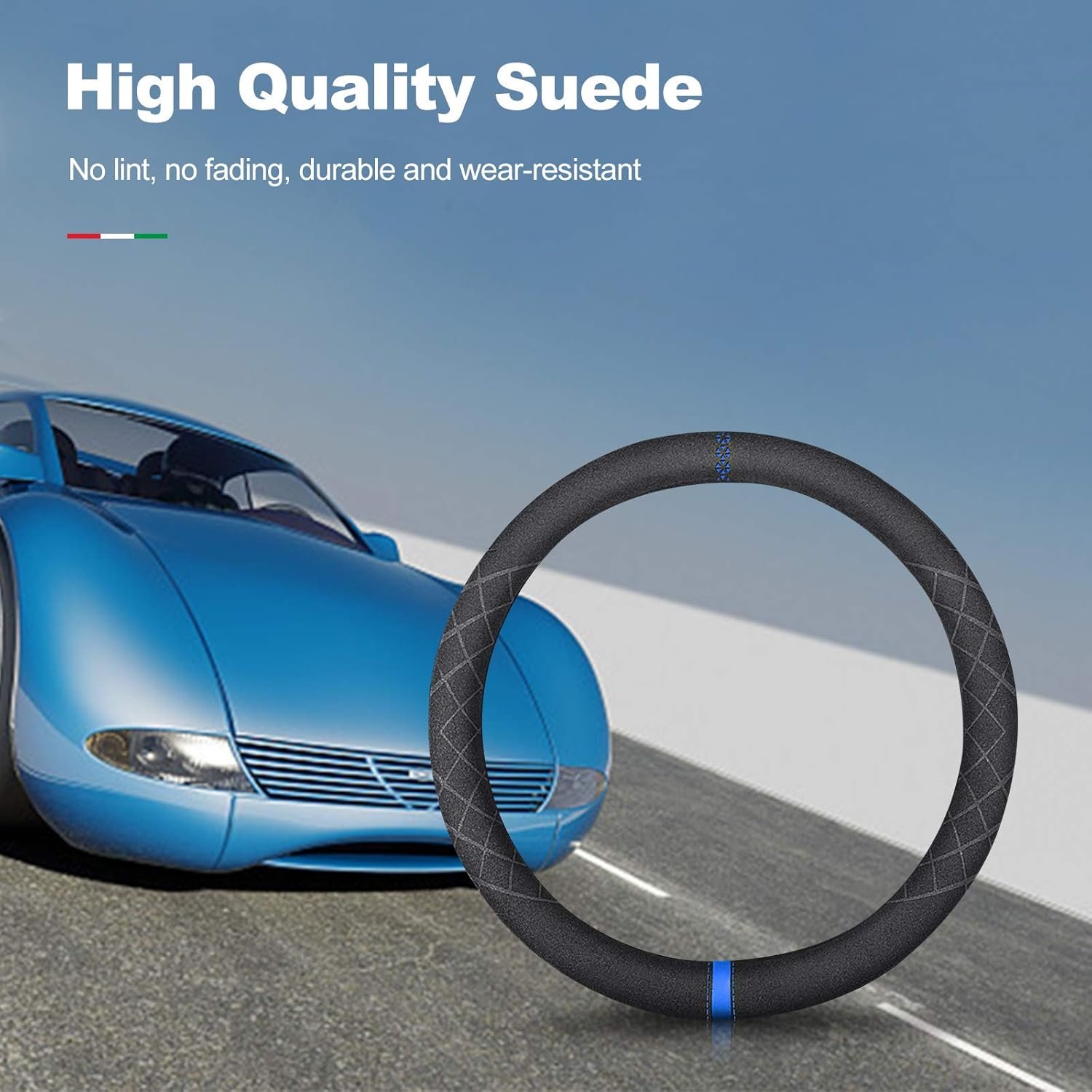 Sport Microfiber Suede Velvet Car Steering Wheel Cover Non-Slip Car Steering Wheel Protector Winter Warm Universal for Diameter 38cm(15") (Black Blue) - Image 2