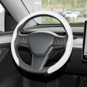 Leather Steering Wheel Cover, Universal 15 Inch Premium Non-Slip Steering Wheel Cover White