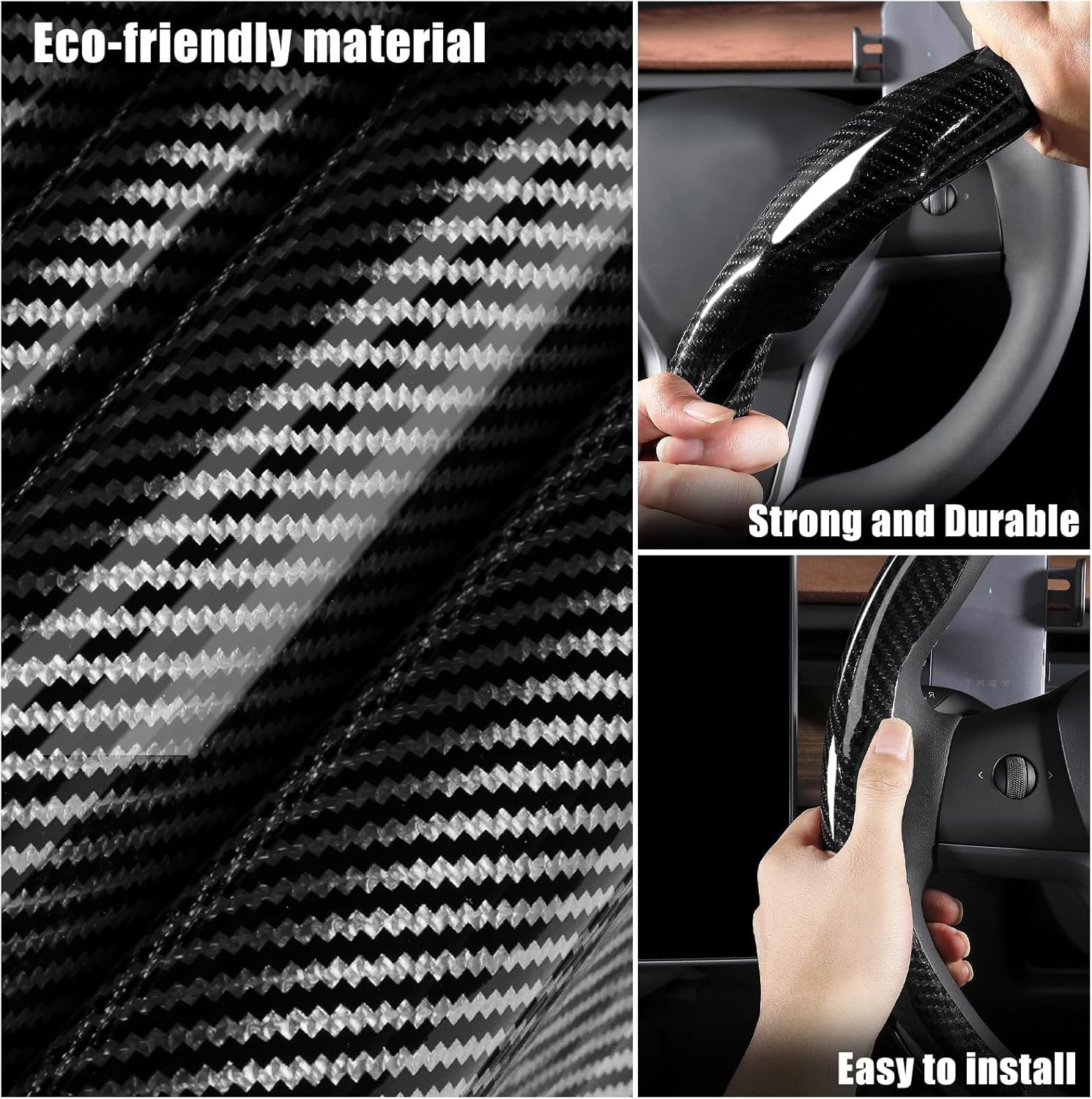 Car Steering Wheel Cover Bright Carbon Fiber, Non-Slip Steering Wheel Wrap Universal 14.5-15 inch Steering Wheel Car Accessories Interior Protector, Black - Image 2