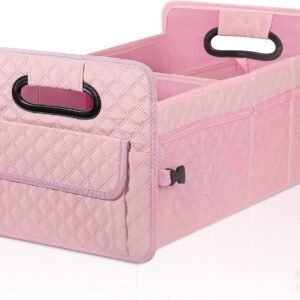 Car Trunk Organizer for SUV, Car Storage Organizer Collapsible Multi Compartment Container Box Adjustable Car Accessories for Women Men, Pink