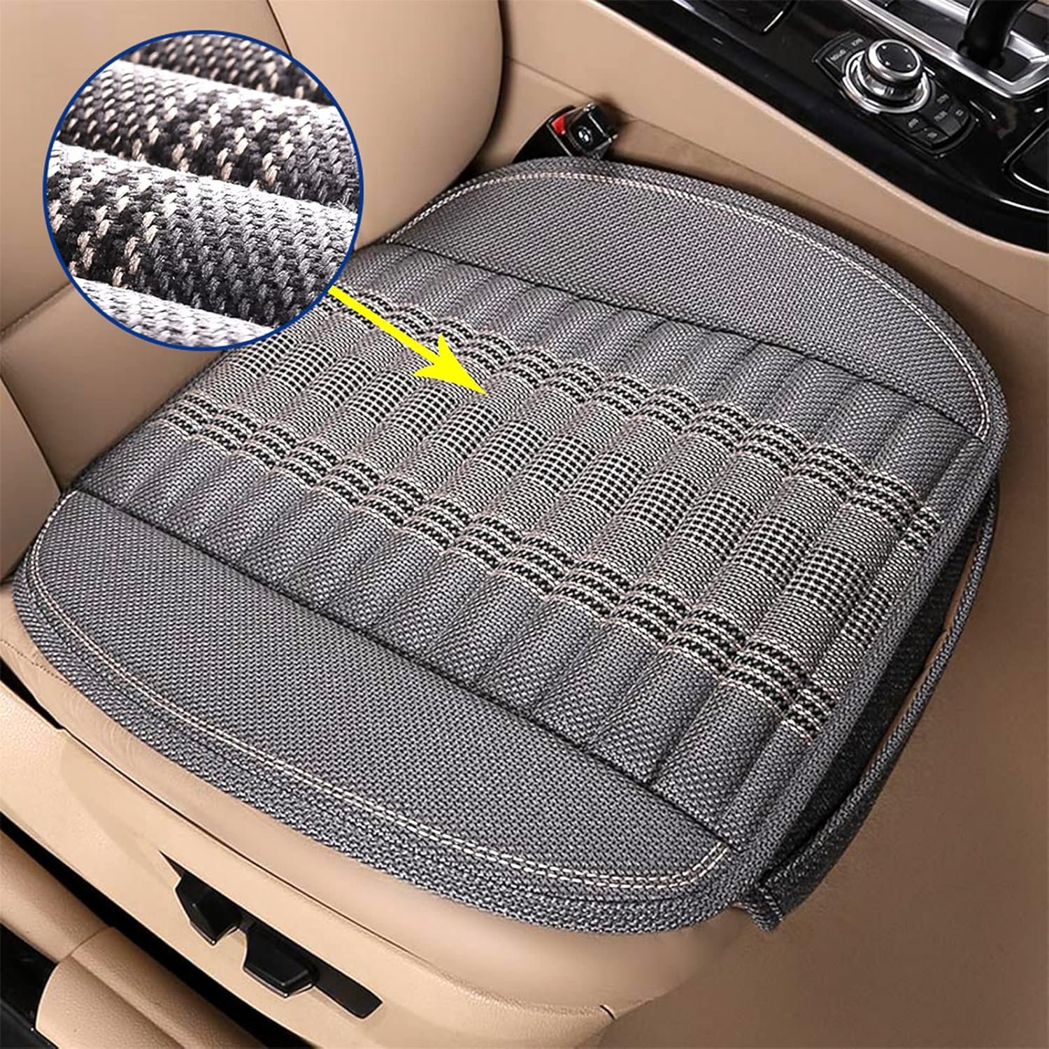 Car Seat Cushion,Car Seat Cover Universal Bottom Driver Pad,Bamboo Charcoal Comfortable and Breathable Fabric Seat Cushion with Storage Pouch,Fit for Trucks Vans Cars SUV (2PC Gray)