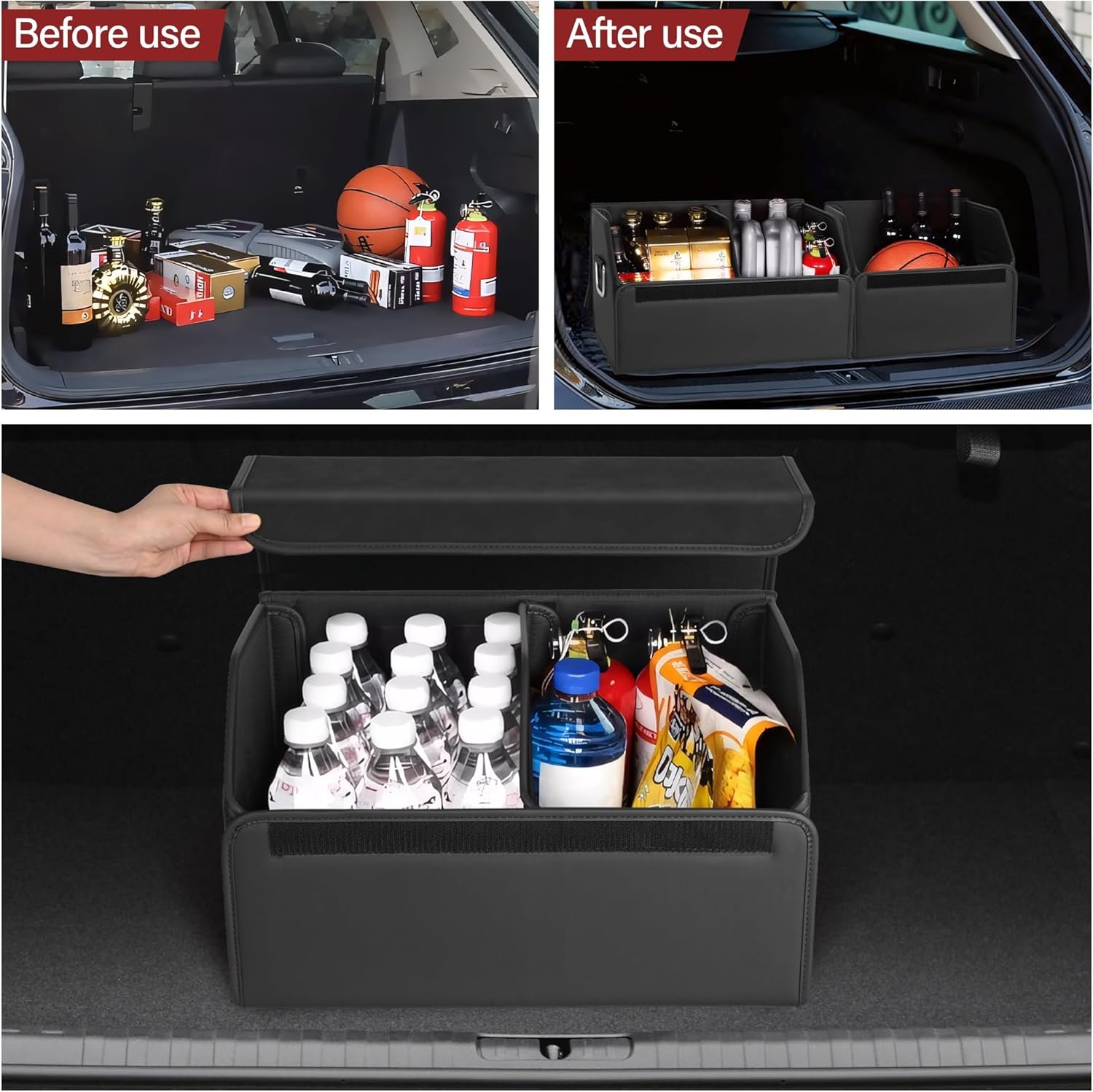 Suede Leather Trunk Organizer, Large Capacity Soft Car Organizers and Storage,foldable,with lip, for Car SUV/Jeep/Sedan/Home/Camping (Black,Big) - Image 2