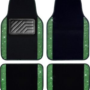 Shining Rhinestones Carpet, Crystal Diamond Sparkly Glitter Car Floor Mats with Anti-Slip PVC Heel Pad Automotive Universal for SUV,Sedan,Car,Van,4pcs for Girl Women Green Diamond