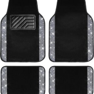 Car Floor Mats, Shining Rhinestone Carpet Sparkly Glitter Crystal with Anti-Slip PVC Heel Pad Waterproof Universal Fit Automotive SUV,Sedan,Van,Cute Girl Women,4pcs Black Sliver