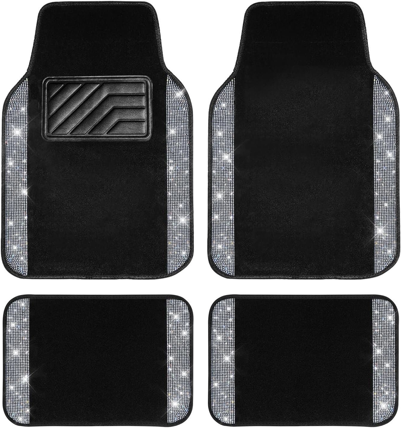 Car Floor Mats, Shining Rhinestone Carpet Sparkly Glitter Crystal with Anti-Slip PVC Heel Pad Waterproof Universal Fit Automotive SUV,Sedan,Van,Cute Girl Women,4pcs Black Sliver