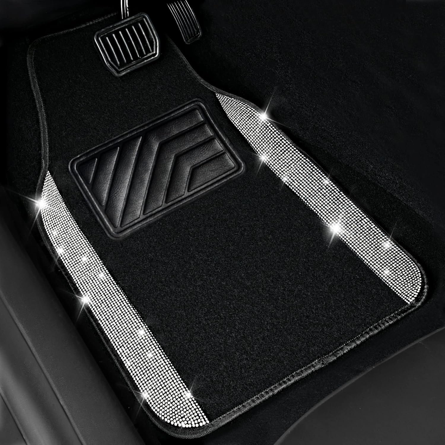 Car Floor Mats, Shining Rhinestone Carpet Sparkly Glitter Crystal with Anti-Slip PVC Heel Pad Waterproof Universal Fit Automotive SUV,Sedan,Van,Cute Girl Women,4pcs Black Sliver - Image 2