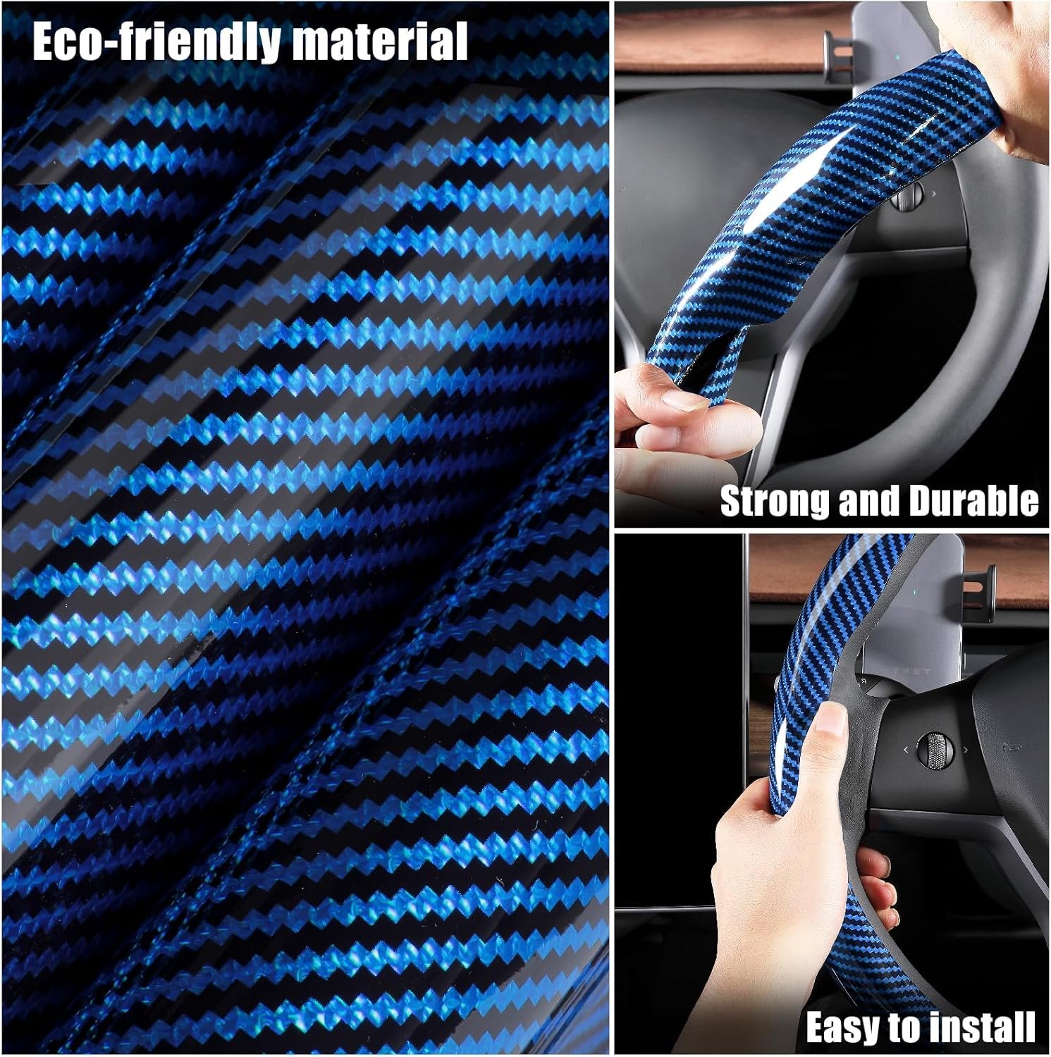 Car Steering Wheel Cover Bright Carbon Fiber, Non-Slip Steering Wheel Wrap Universal 14.5-15 inch Steering Wheel Car Accessories Interior Protector, Blue - Image 2